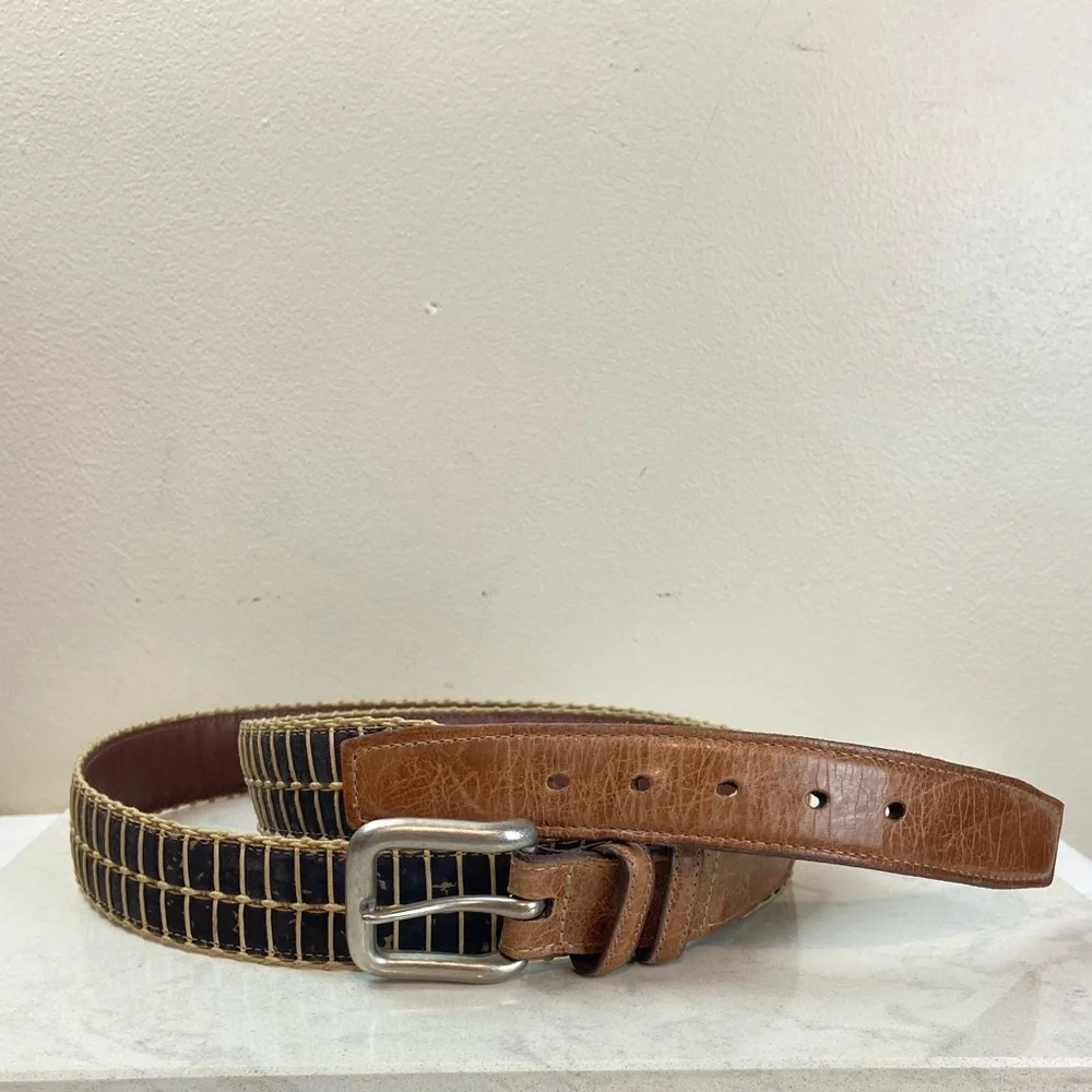 Men’s Vintage Torino Leather Cork Woven Belt Brown & Black Classic Casual Style